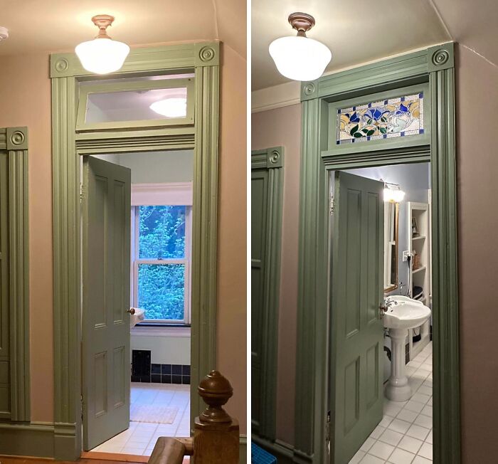 A before and after of a creative home DIY project, showing a doorway transformed with a beautiful stained glass transom.