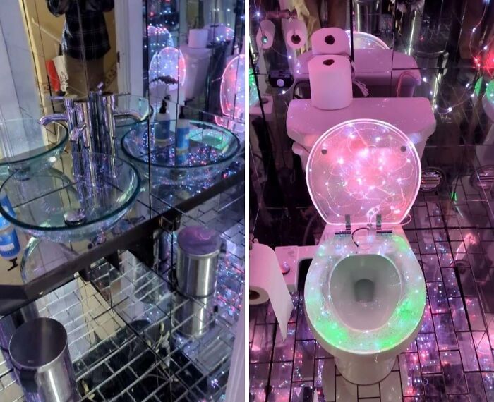 A bathroom transformed into a colorful, reflective space with twinkling lights, a truly impressive home DIY project.