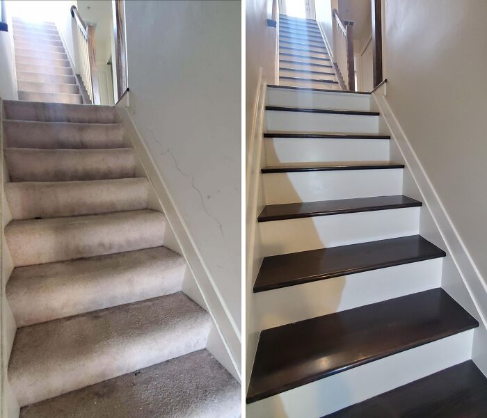 Before and after image of a staircase, transformed from carpeted to dark wood treads, demonstrating creative home DIY projects.