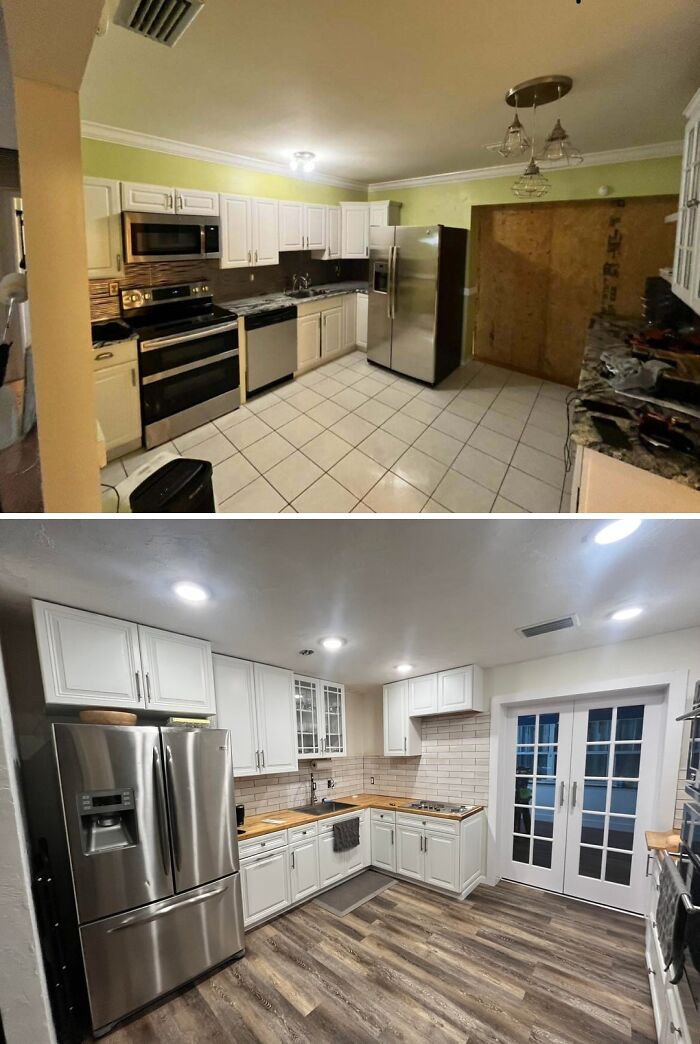 A kitchen before and after transformation, with new cabinets, countertops, and flooring, showcasing creative home DIY projects.