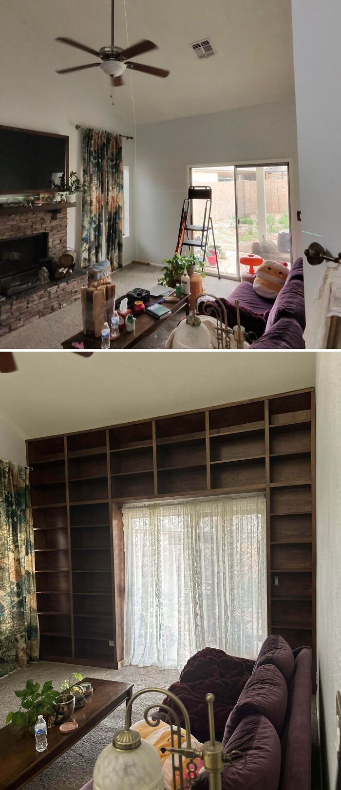 Before and after of a living room with a newly installed wall-to-wall wooden bookshelf, part of creative home DIY projects.