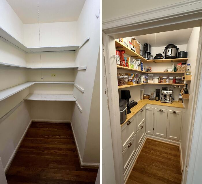 Before and after of a home DIY project transforming a plain pantry into a functional, organized space with shelving.