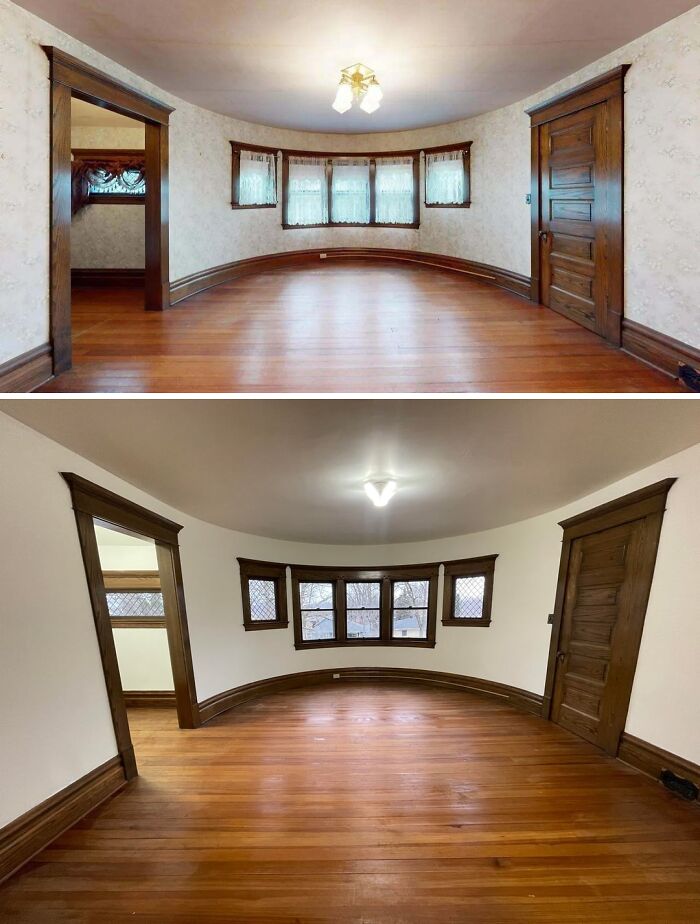 A before and after of an empty room, highlighting a remarkable home DIY project with updated paint.