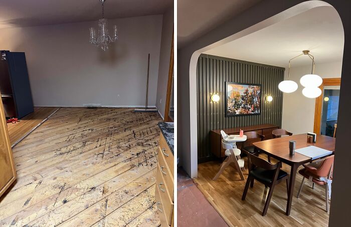 A before and after of a dining room, showcasing a stunning home DIY project with a slatted accent wall.