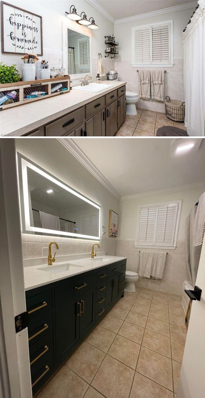 Before and after a creative home DIY project transforming a bathroom with new vanity and illuminated mirror.