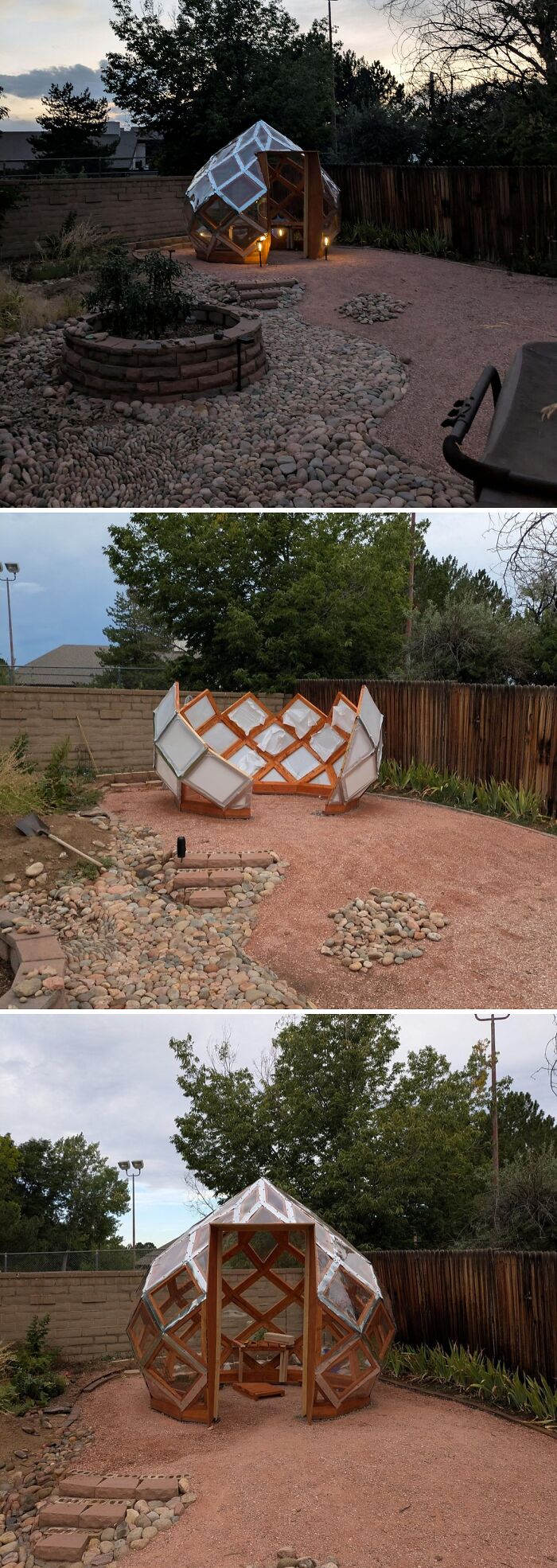 Stages of a creative home DIY project building a geodesic dome structure in a backyard with gravel and stones.