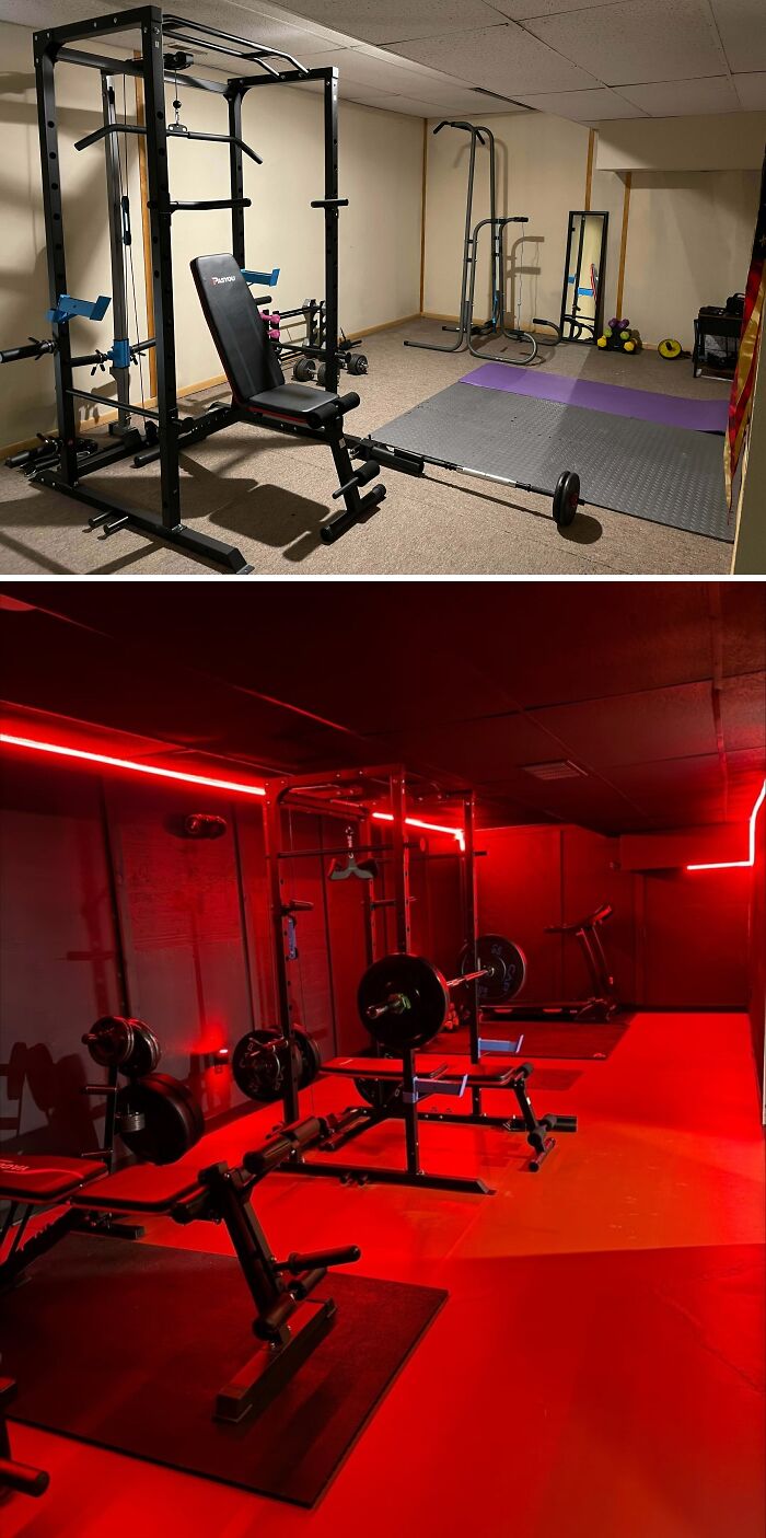 Before and after a creative home DIY project showing a basement gym updated with red lighting and more equipment.