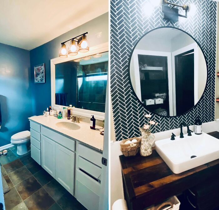 A before and after of a bathroom DIY project, transforming it with a new vanity and herringbone wall.