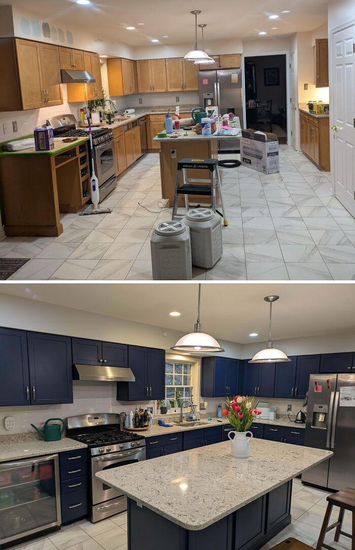 Creative Home DIY Projects: Before and after of a kitchen renovation, transforming it from light wood to modern navy cabinets.