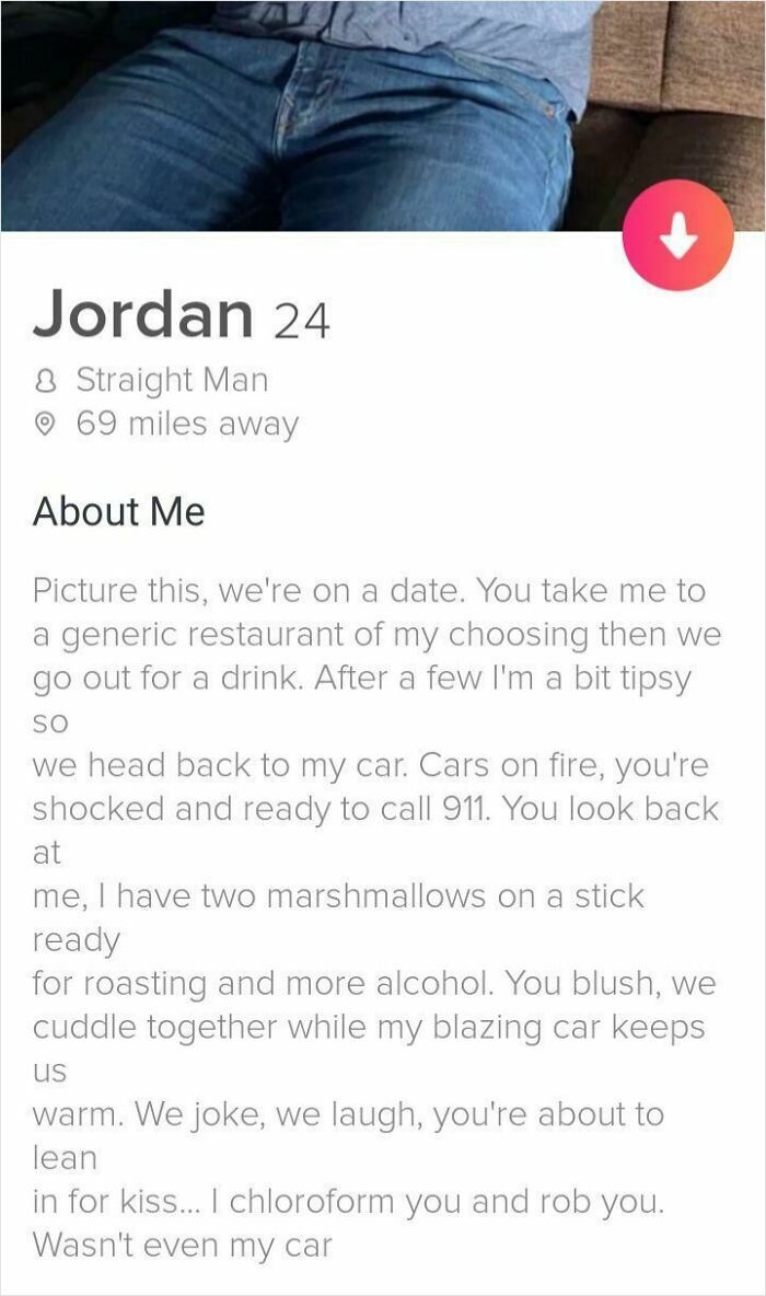 A cringe Tinder profile from Jordan, 24, detailing a mock date that ends in a robbery.