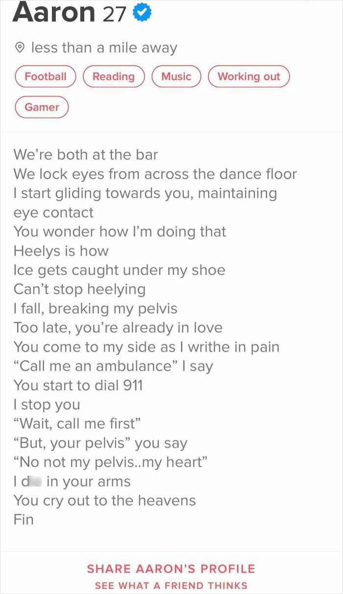 A cringe Tinder profile from Aaron, 27, sharing a dramatic, humorous story of falling in love after an accident.