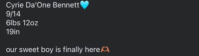 A text post announcing a baby boy named Cyrie Da'One Bennett, highlighting modern baby names.