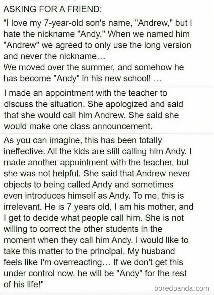 A parent's entitlement, complaining about their son's nickname and school, displaying a Karen reputation.