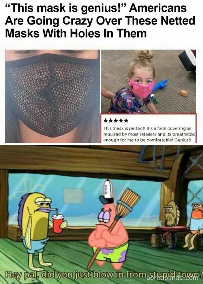 A meme mocking people's entitlement with a SpongeBob character asking, Did you just blow in from stupid town?