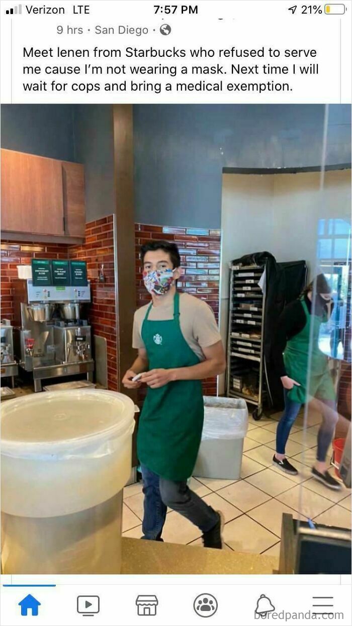 A social media post with a photo of a Starbucks employee, named Lenen, wearing a mask behind the counter, while a customer took entitlement to an unbelievable level and earned themselves a Karen reputation.