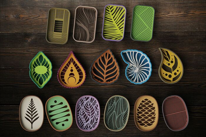 A collection of colorful and useful things people printed with their 3D printers, featuring various patterns.