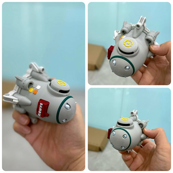 Three views of a small, detailed spaceship model, showcasing cool and useful things people printed with their 3D printers.