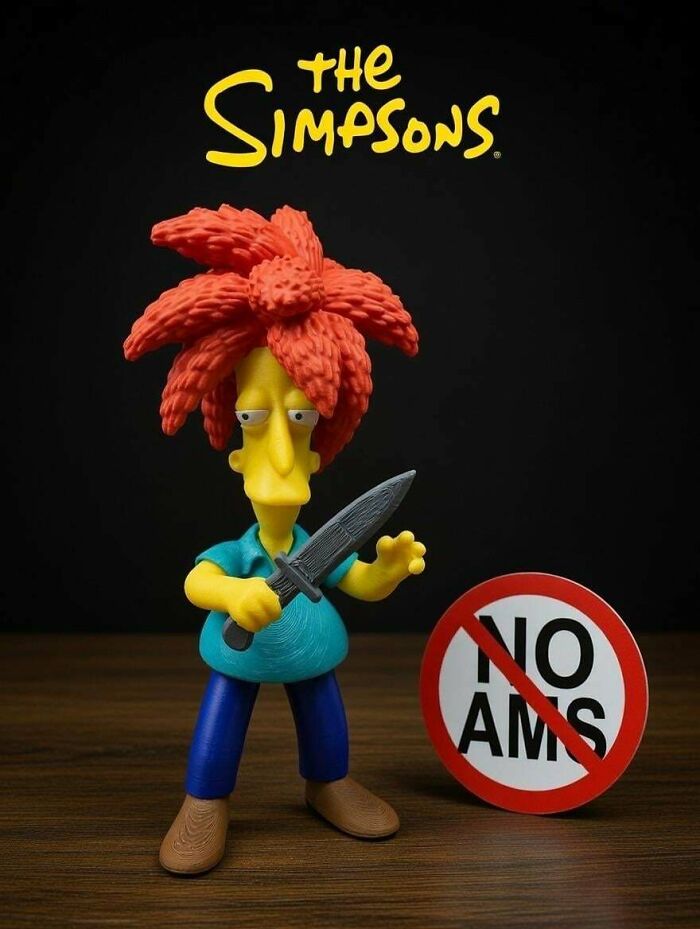 A Sideshow Bob figurine from The Simpsons holding a knife, next to a No Arms sign, one of the useful things people printed with their 3D printers.