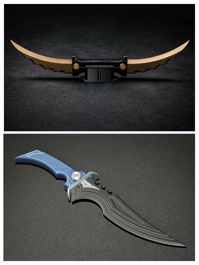 Two distinct 3D printed replica knives, one gold and black, the other blue and black, among cool things people printed.