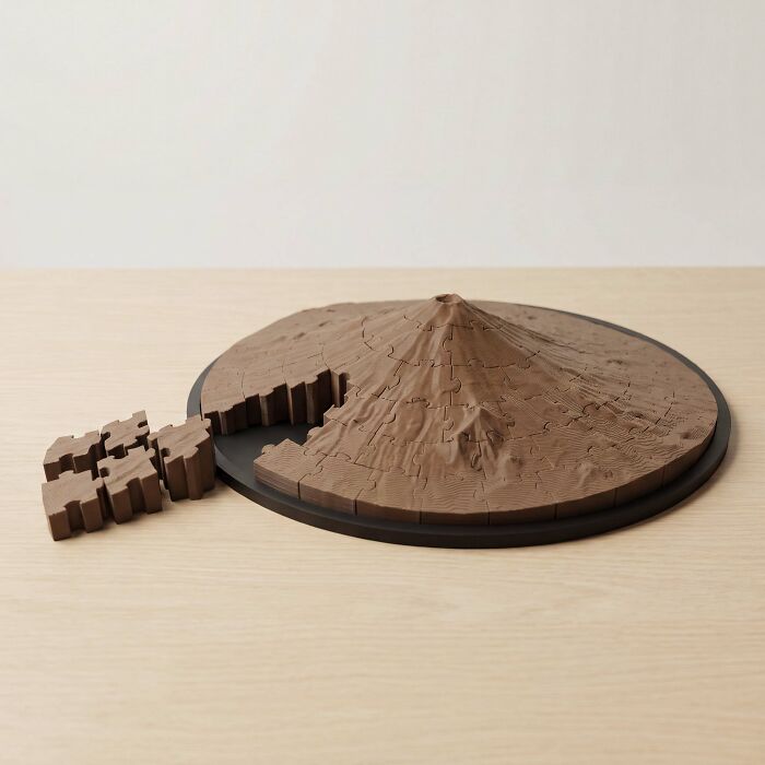 A brown 3D printed mountain-shaped puzzle with some pieces removed, highlighting cool and useful things printed.