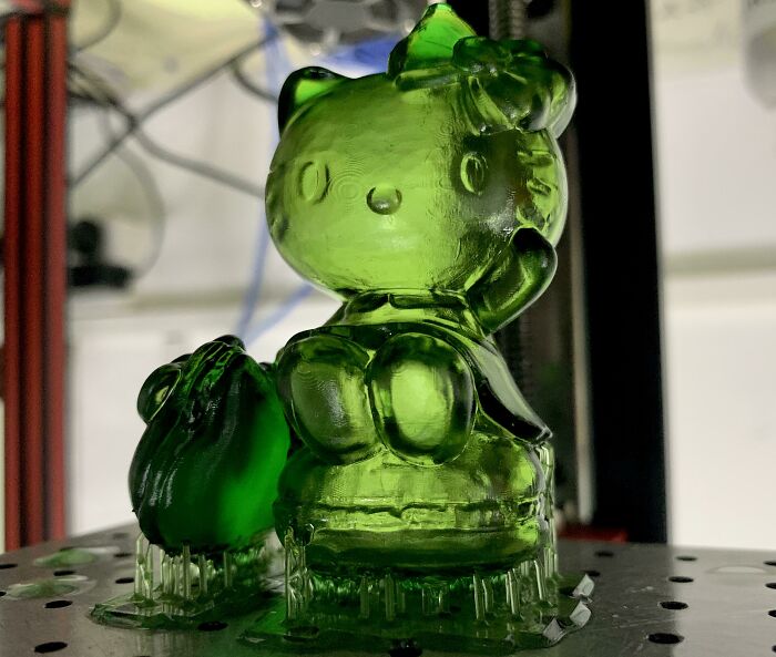 A translucent green Hello Kitty figure, a cool and useful thing printed with 3D printers.