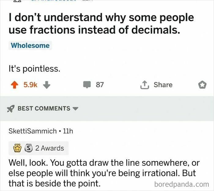 A screenshot of a Reddit post featuring dumb puns about fractions and decimals, showcasing wordplay and humor.