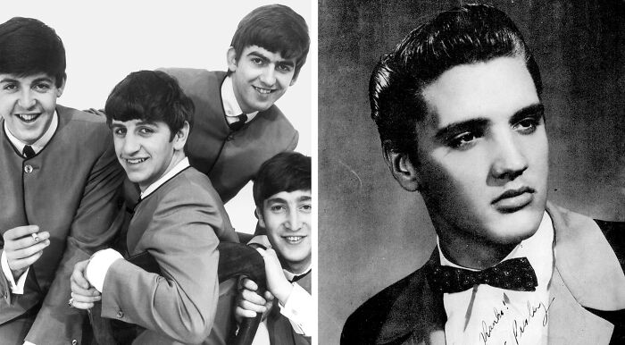 Black and white split image of The Beatles on the left and Elvis Presley on the right, for a music taste quiz.