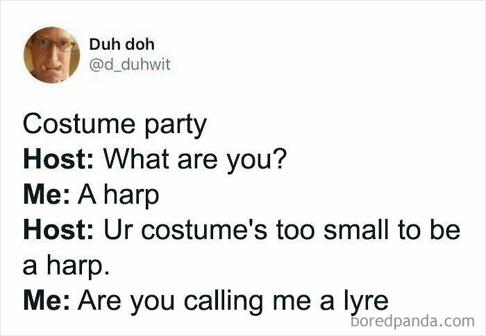 A tweet about a costume party where someone is called a lyre, showcasing funny dumb puns.