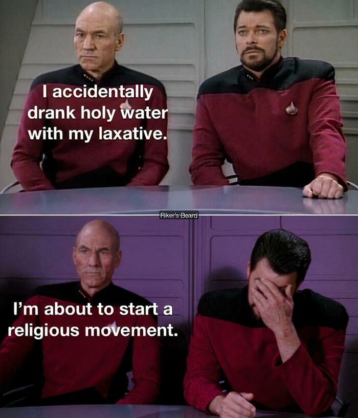 A Star Trek meme with Picard and Riker making a dumb pun about holy water and laxatives.