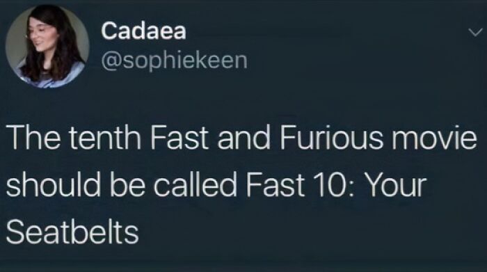 A tweet suggesting a new title for the Fast and Furious movie, a classic example of incredibly dumb puns.