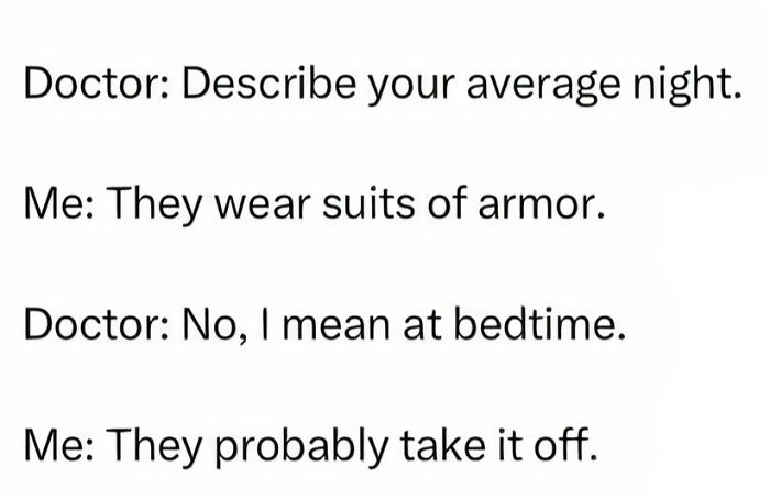A text conversation with a dumb pun about knight vs. night and suits of armor.