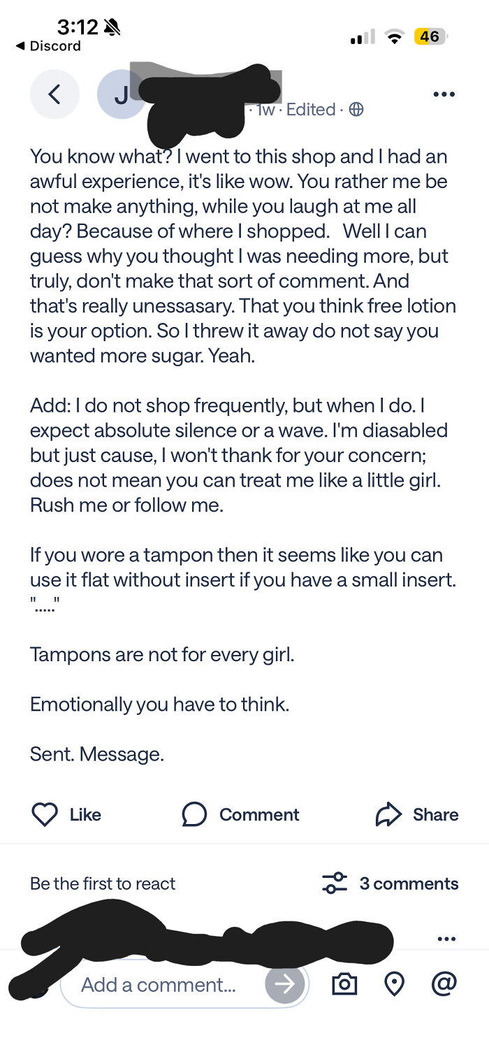 A screenshot from a neighborhood online community with a humorous and rambling post about a shopping experience.