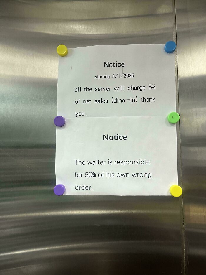 A notice for service industry workers indicating a 5% charge on net sales and that waiters are responsible for 50% of wrong orders.