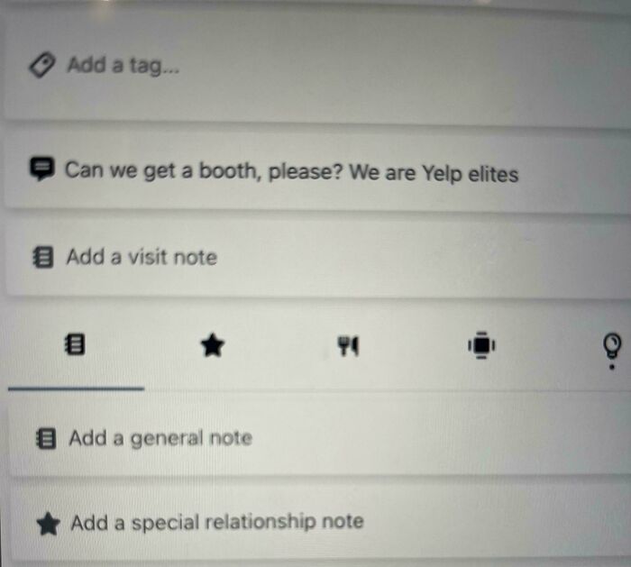 A screen showing customer notes in the service industry, including one saying, Can we get a booth, please? We are Yelp elites.