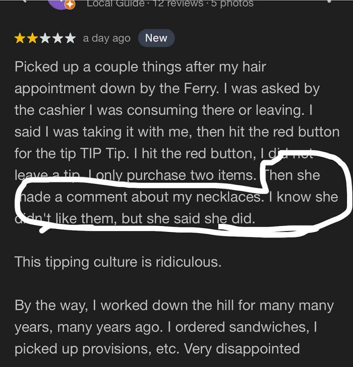 A service industry worker shares a screenshot of a customer complaint regarding a cashier's comment about her necklaces.