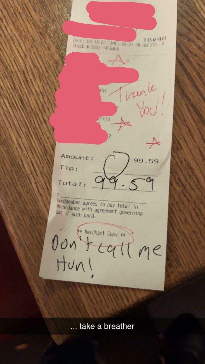 A service industry receipt with a rude note, illustrating workers questioning if they really need their job.