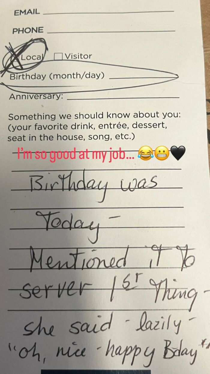 A note about a missed birthday, showing a service industry worker questioning their job