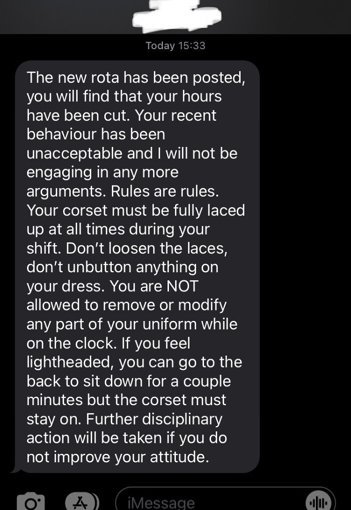 Service industry workers deal with strict uniform rules and reduced hours in a harsh text message.