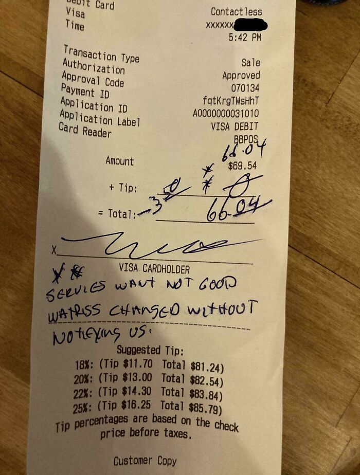 A restaurant receipt with a customer's handwritten note about poor service and no tip, detailing struggles for service industry workers.