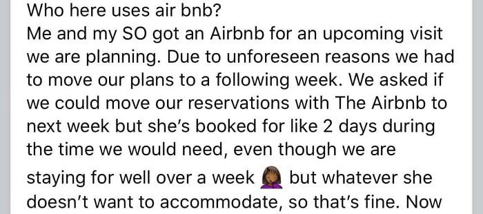 A person's frustration with an Airbnb host unwilling to accommodate a reservation change, illustrating issues for service industry workers.