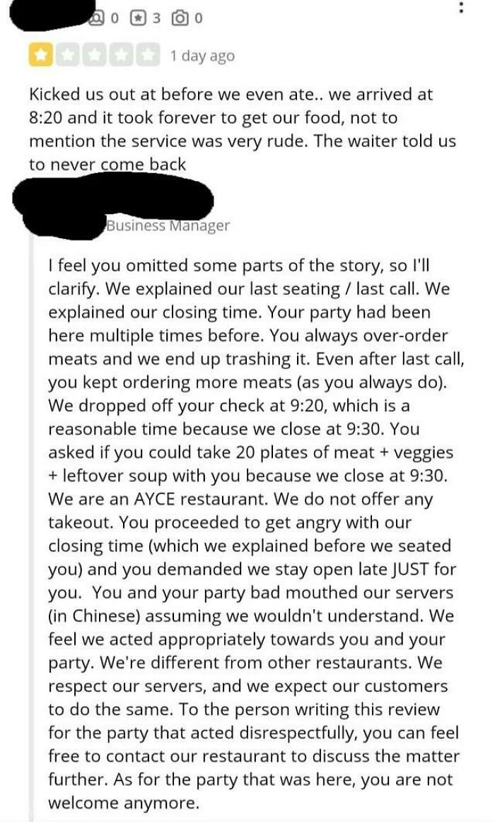 A restaurant review and manager's response, showing a dispute over rude service, reflecting challenges for service industry workers.
