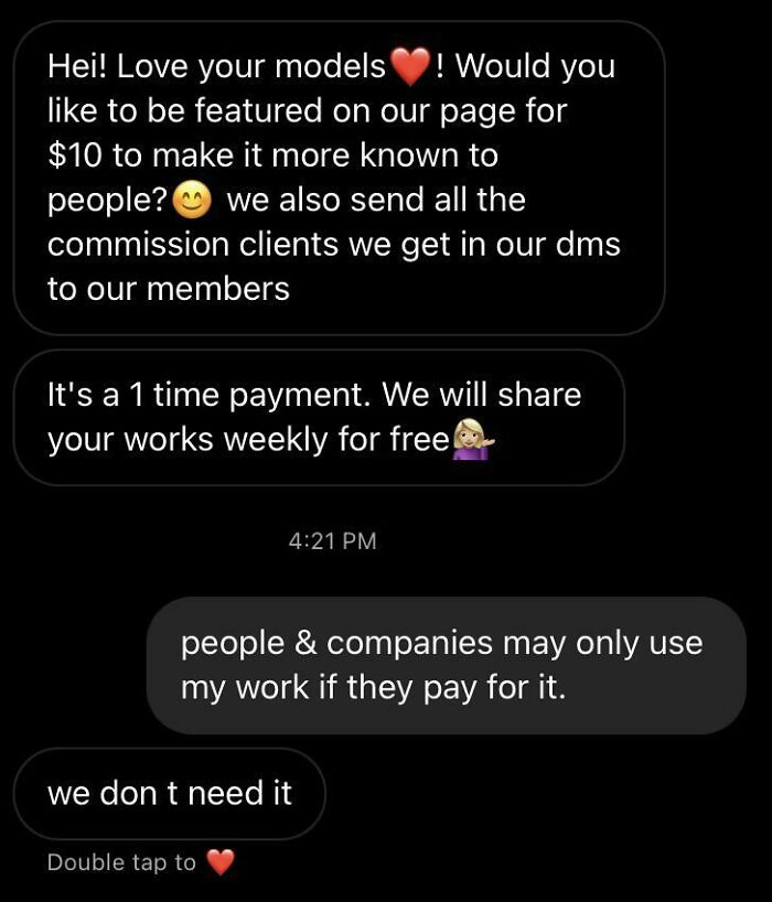A screenshot of a text conversation where a client is refusing to pay for services, highlighting service industry workers' job frustrations.