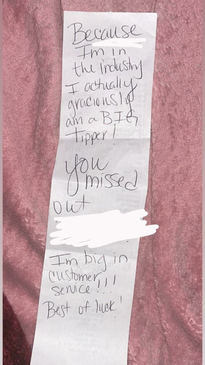 Handwritten note from a service industry worker, mentioning being a big tipper and customer service.