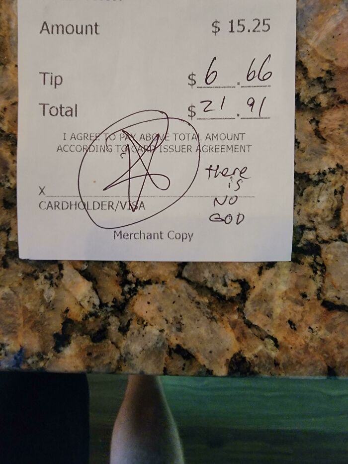 Service industry worker showing a receipt with a 6.66 tip, questioning their job in the industry.