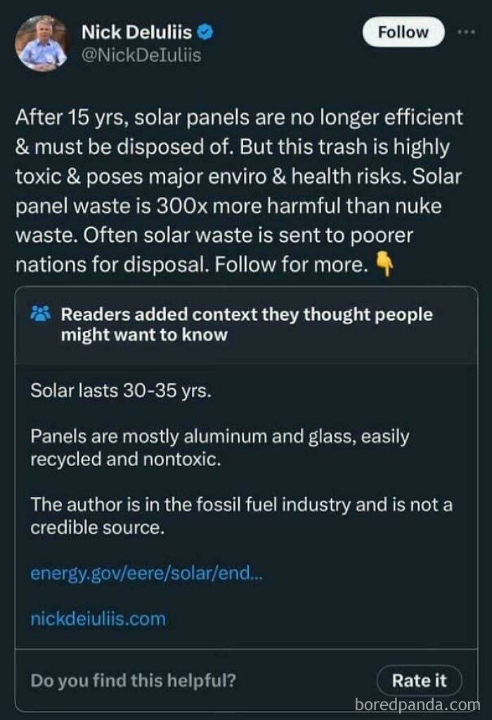 A tweet about solar panels with added context correcting misinformation, addressing displays of stupidity.