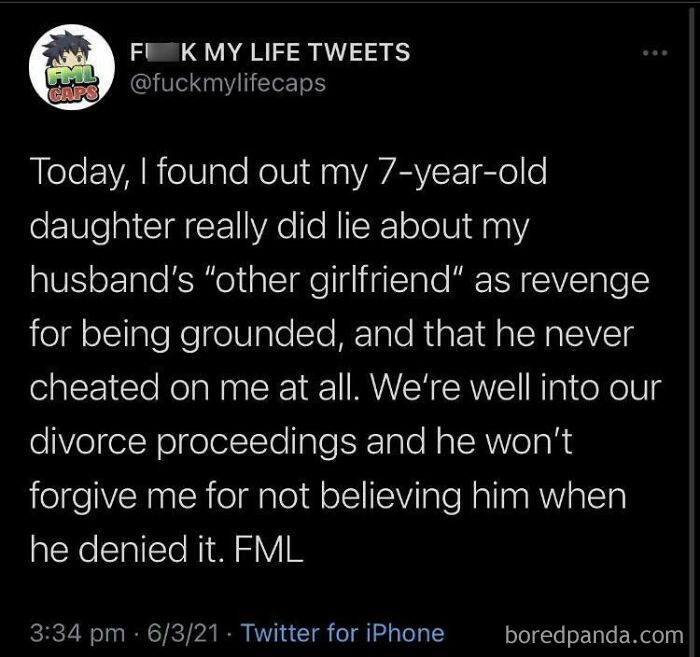 A tweet about a daughter lying, leading to a divorce, showing displays of stupidity.