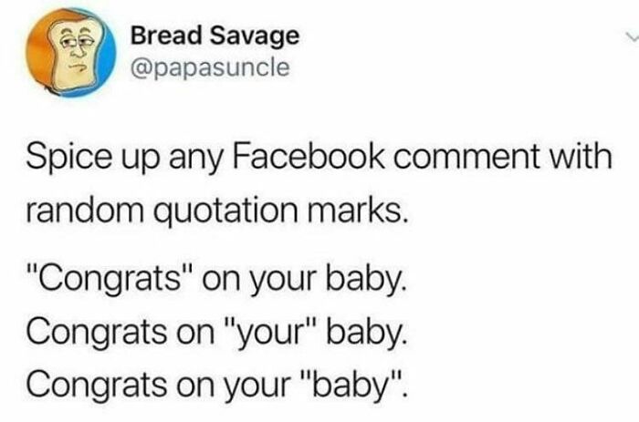 A social media post about using random quotation marks to display stupidity online.