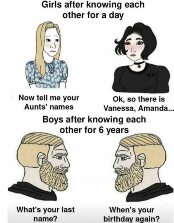 A meme contrasting girls and boys after knowing each other, highlighting common displays of social stupidity.