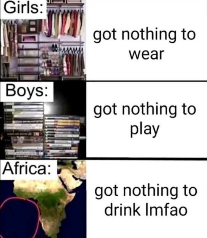 A three-panel meme illustrating displays of stupidity, comparing girls, boys, and Africa regarding what they have.