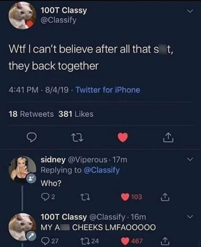 A screenshot of a Twitter conversation where a user expresses surprise that an ex-couple is back together, an example of online stupidity.